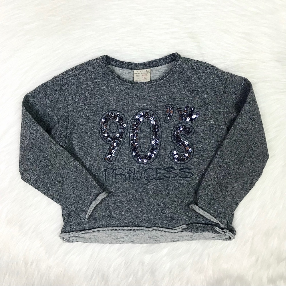 Zara Little Girls Gray Sparkle 90’s Princess Crown Pullover Top Size 4-5Y